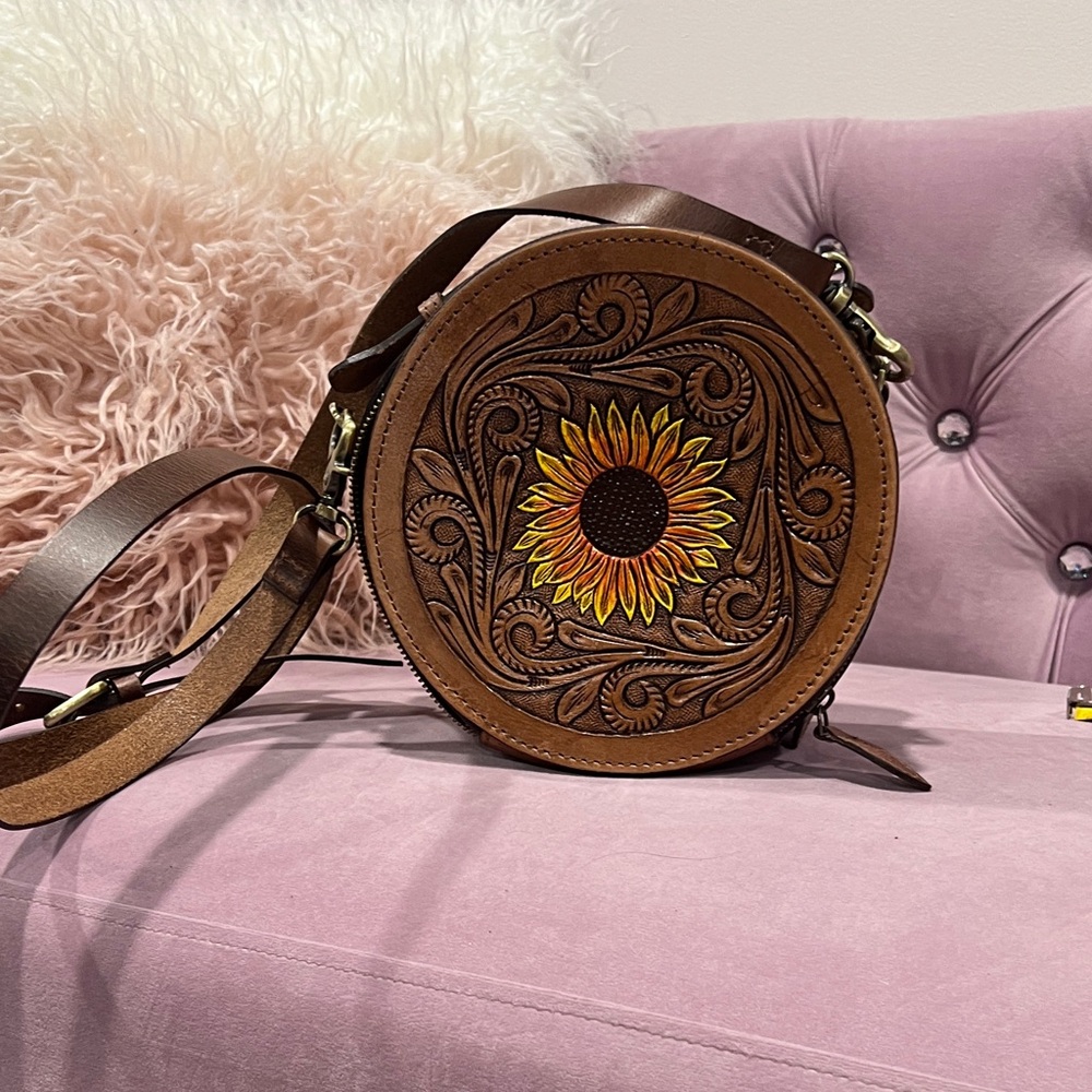 Elegant Brown Sunflower Embossed Crossbody Bag